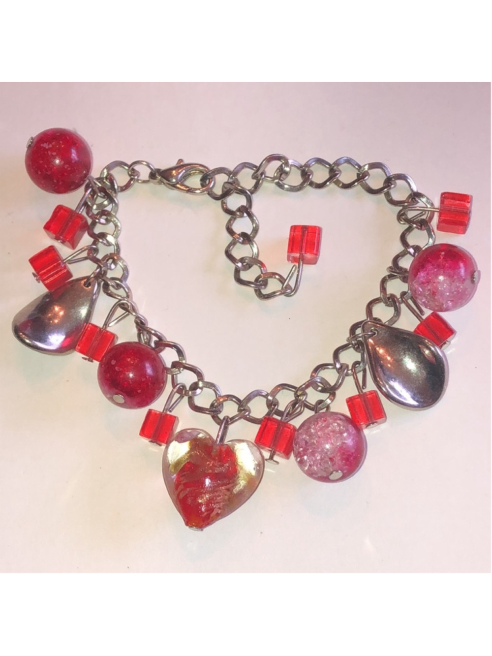 Silver Tone Red Glass Heart Charm Beaded Boho Bracelet